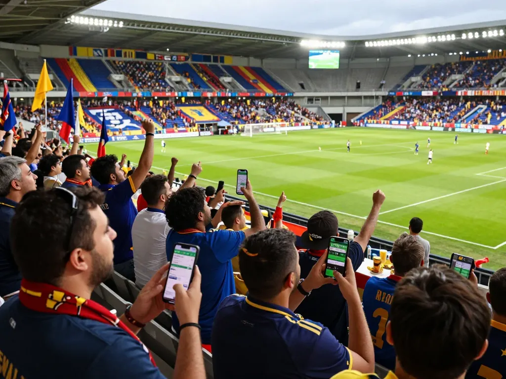 Cá độ bóng đá fans passionately cheering during a football match with smartphones for live betting.