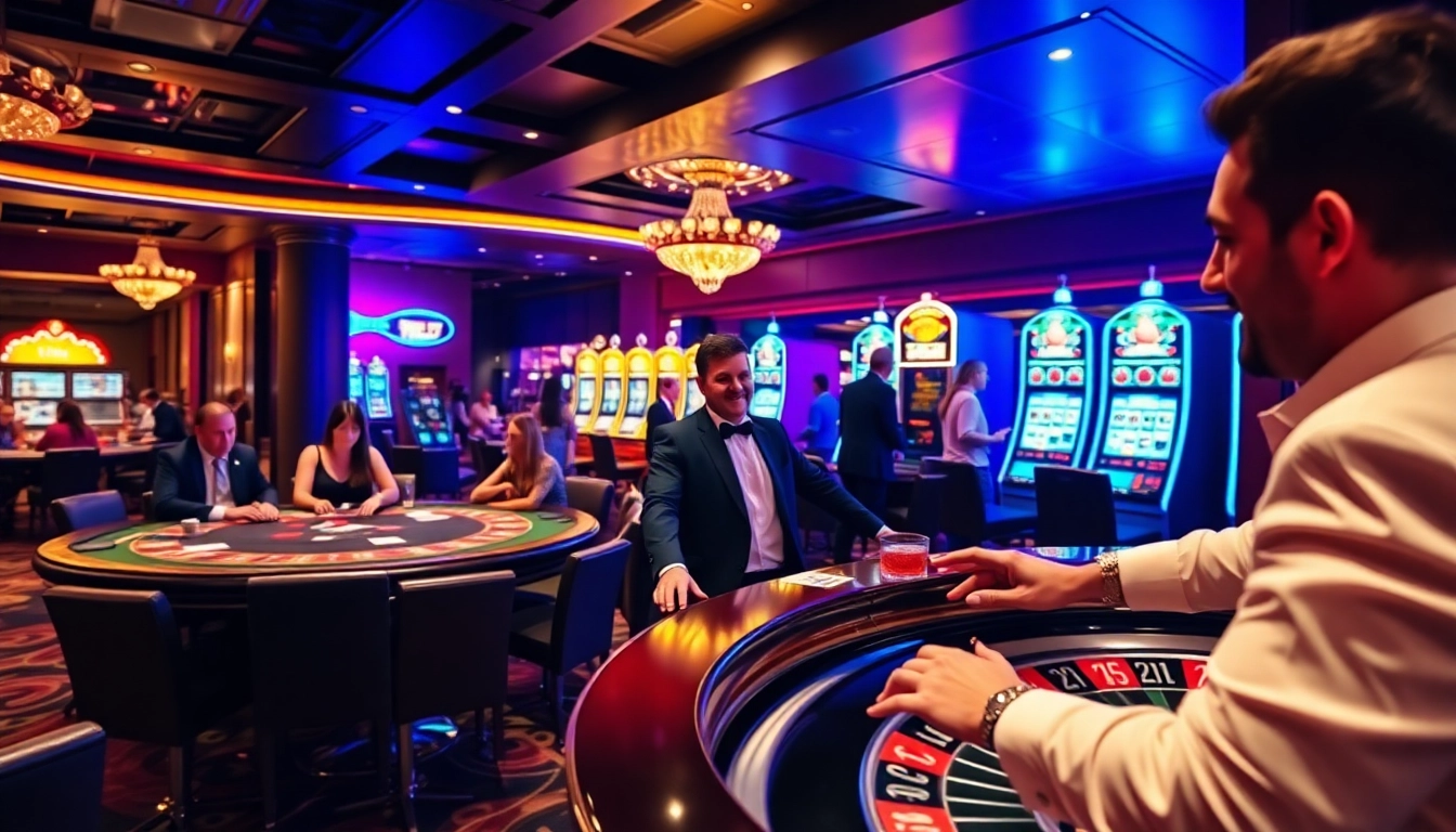 Excited players enjoy table games and slots at 789club's luxurious casino floor.