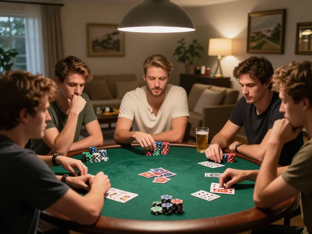Players at a home poker night using sunwintop strategy with high-quality poker chips and engaging expressions.