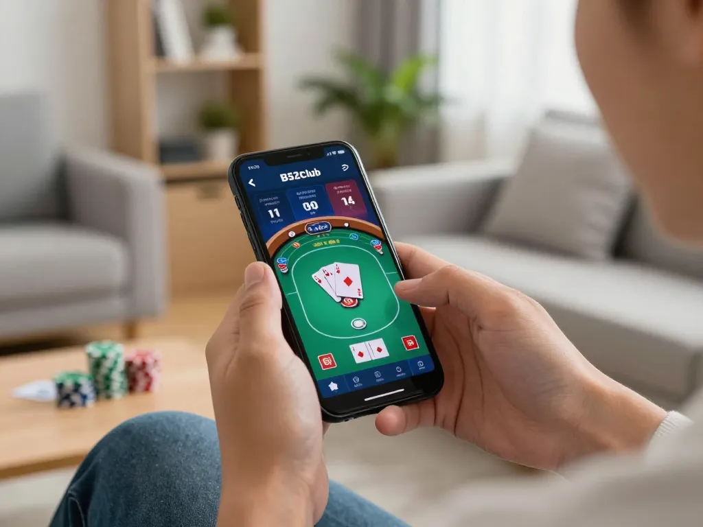 B52club user engaging in a poker game on smartphone, showcasing modern online gaming lifestyle.
