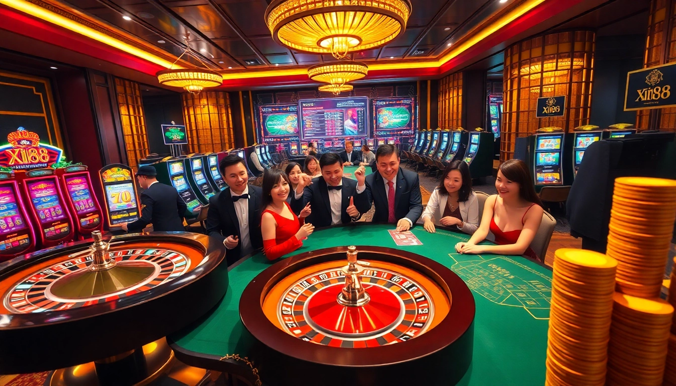 Excited gamers engaging at Xin88 casino table with vibrant slot machines in the backdrop.