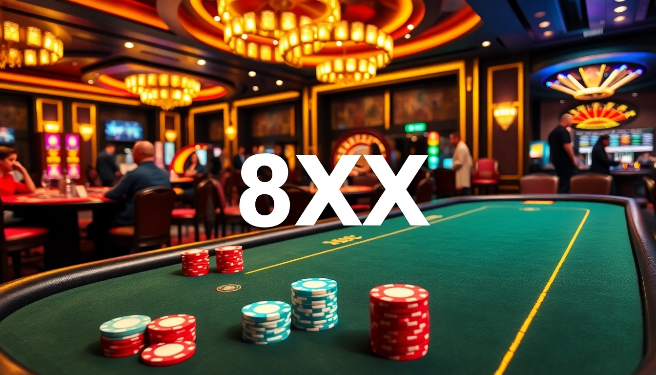 A dynamic casino scene featuring the keyword 8XX at the forefront, capturing the essence of high-stakes gaming with poker chips and a roulette wheel.