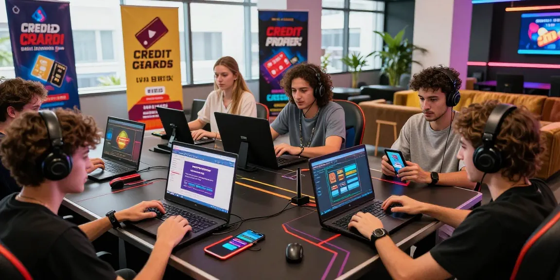 Players enjoying online casinos that accept credit cards on laptops and smartphones in a lively gaming environment.