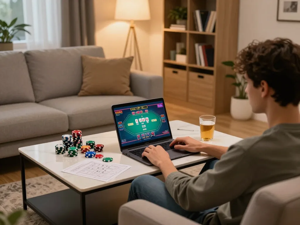 Kuwin online poker action at home with laptop and strategy notes on the table
