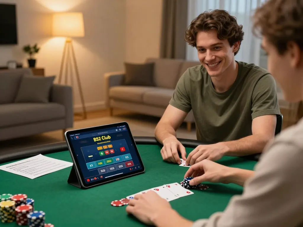 B52 Club user enjoying poker on tablet with cozy home setting and betting notes.