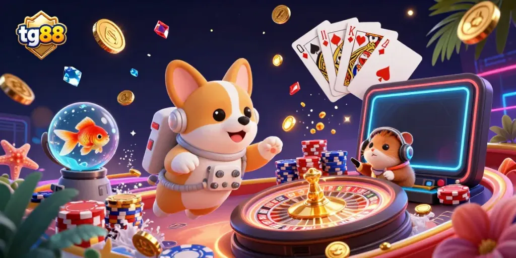 Engage with tg88's exhilarating online gaming experience as a corgi explores a space casino!