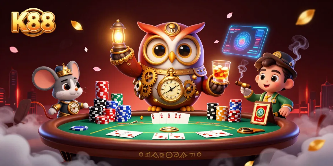 K88 captures the thrill of fantasy gambling with a time-traveler owl, poker elements, and vibrant lights.