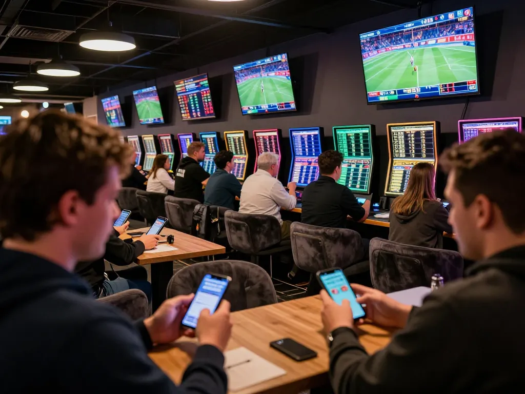 Betters placing wagers in a dynamic sports lounge capturing the excitement of debet betting