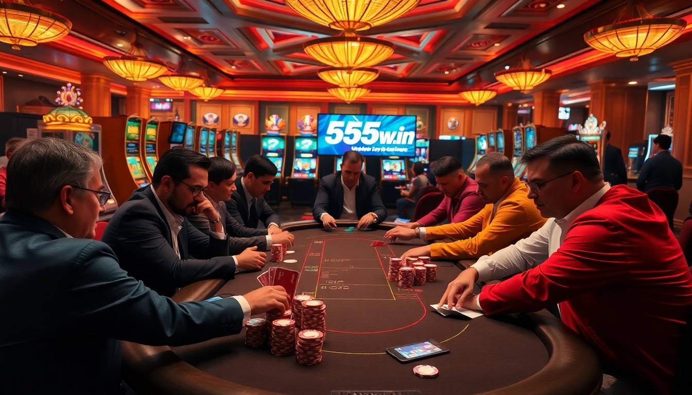 High-stakes poker scene at a luxurious casino showcasing players at 555w.in.