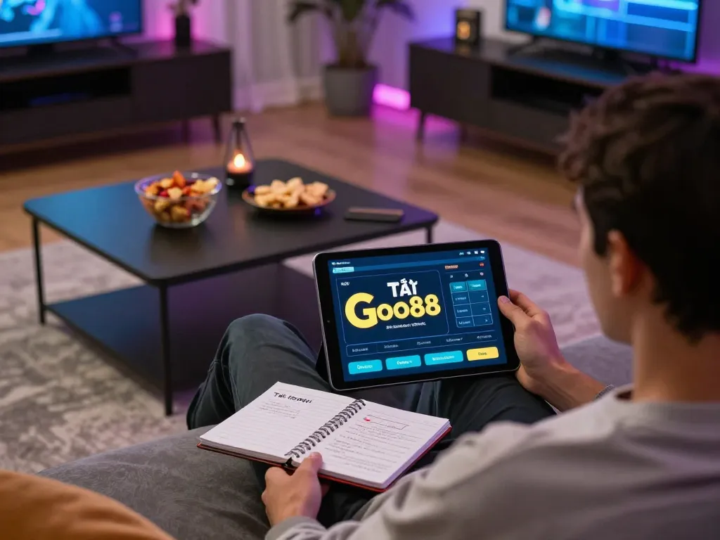 Tải Go88 app displayed on tablet during a relaxed home gambling session, showcasing user-friendly interface