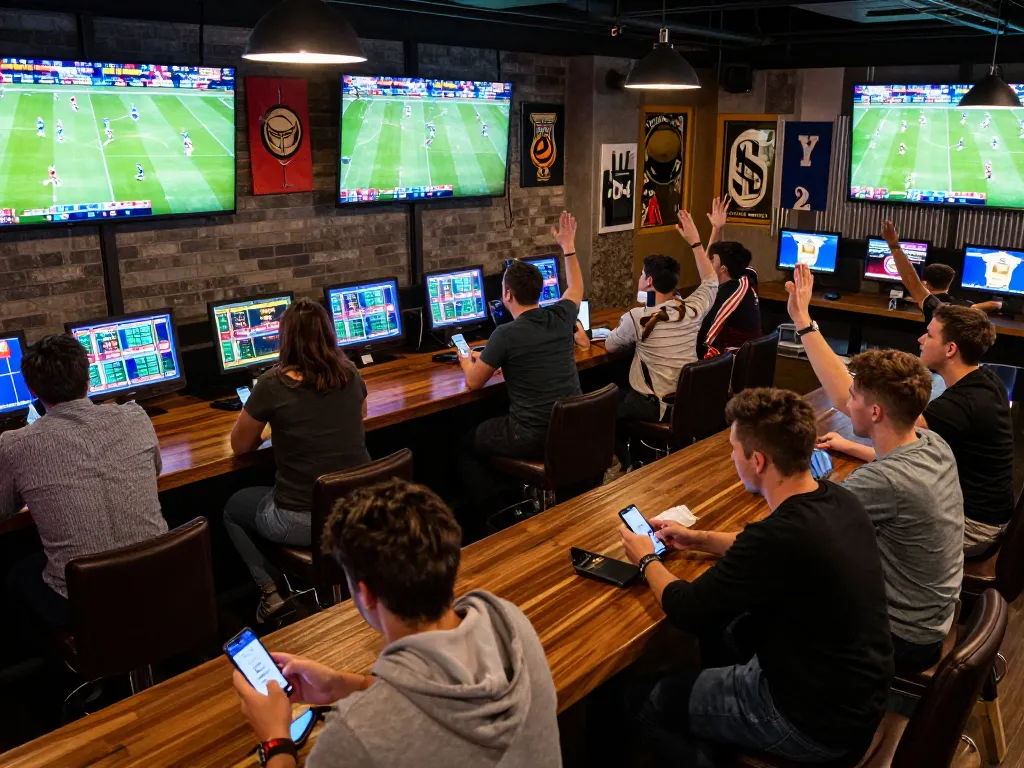 Bongdallu users celebrating a winning bet in a vibrant sports betting environment with screens showing live matches