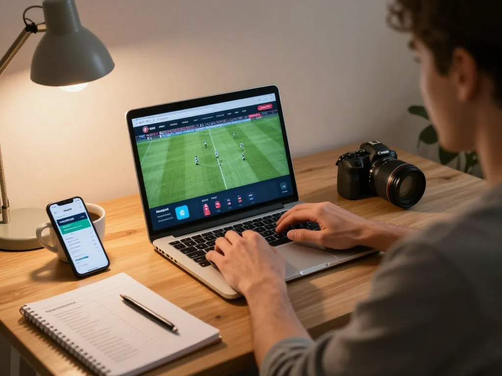 Betting on football matches through the Nowgoal platform using a laptop at home, showcasing strategic gambling.