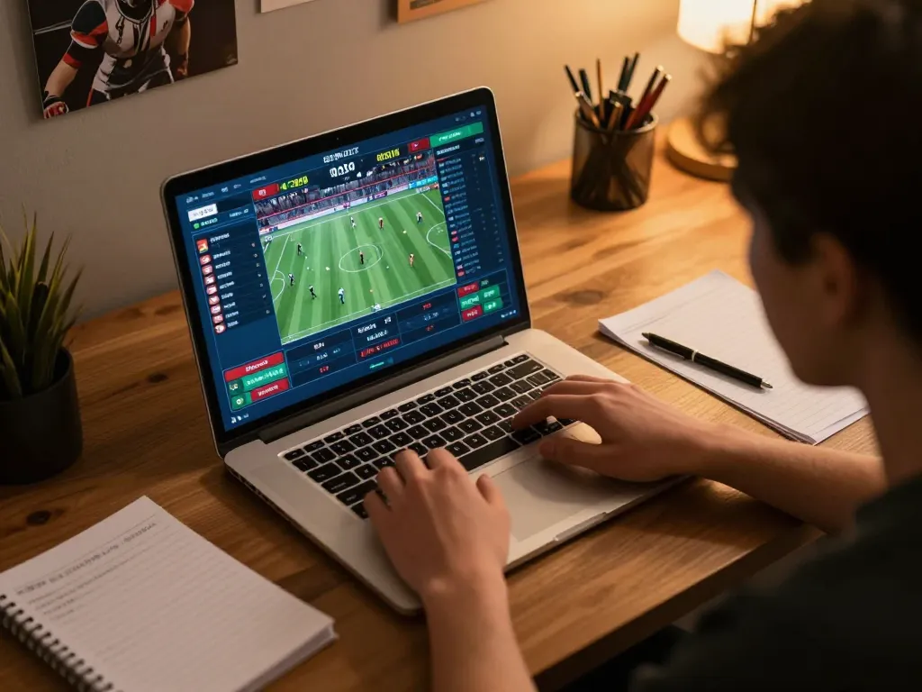 Person engaging in sports betting on okking1 laptop, showcasing live odds and sports events.