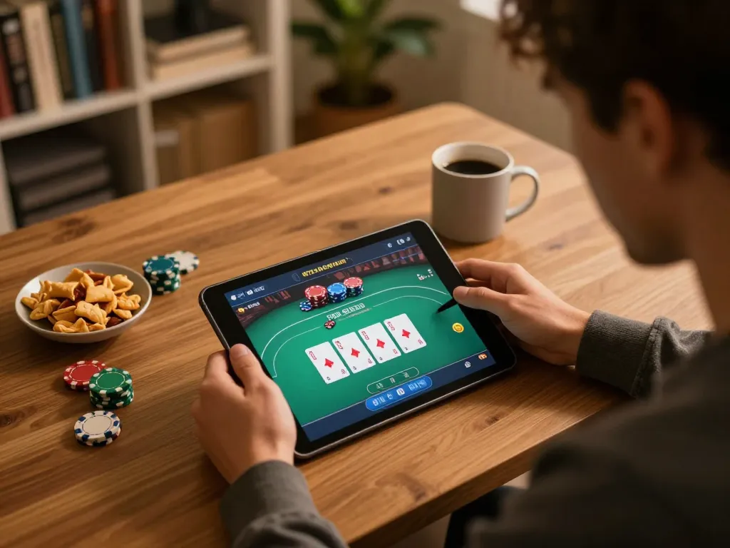 Hitclub gameplay session featuring strategic poker analysis on tablet with warm ambient lighting