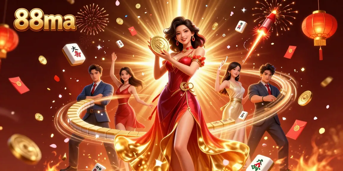 Experience winning at 88ma with a stunning illustration of an attractive Asian woman celebrating over golden success in gambling.
