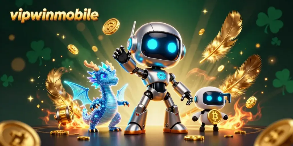 Engage with vipwinmobile's thrilling adventure, featuring a charming cyberpunk robot and gaming elements.