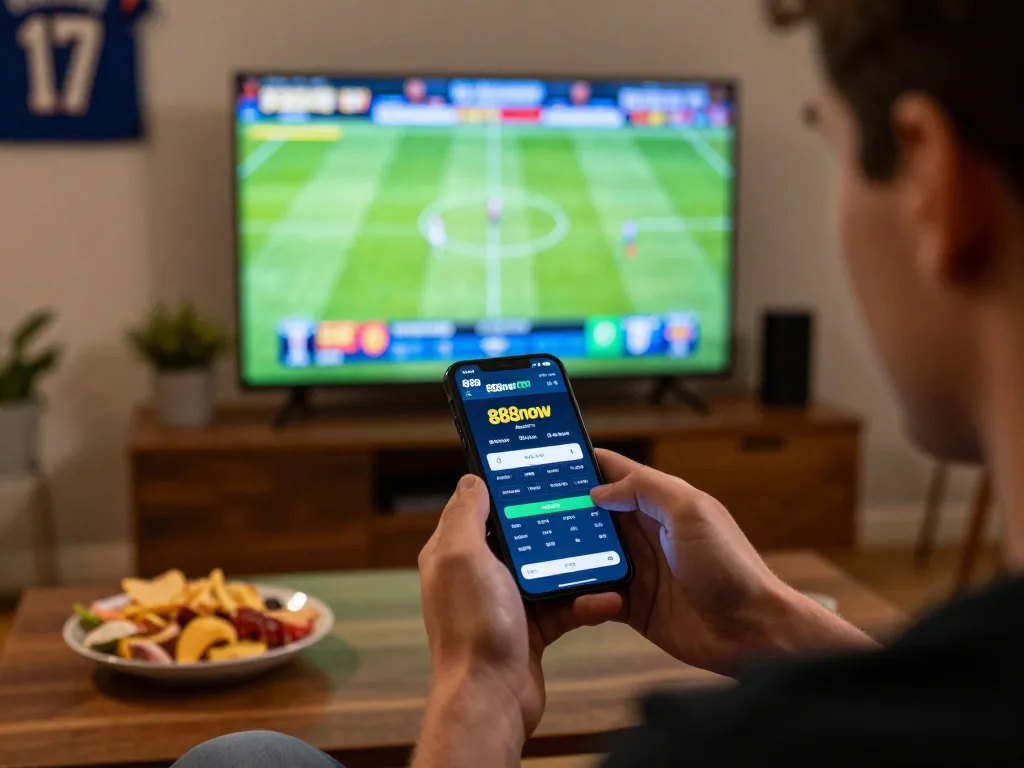 Sports betting session using the 888now com app on smartphone in a cozy home environment