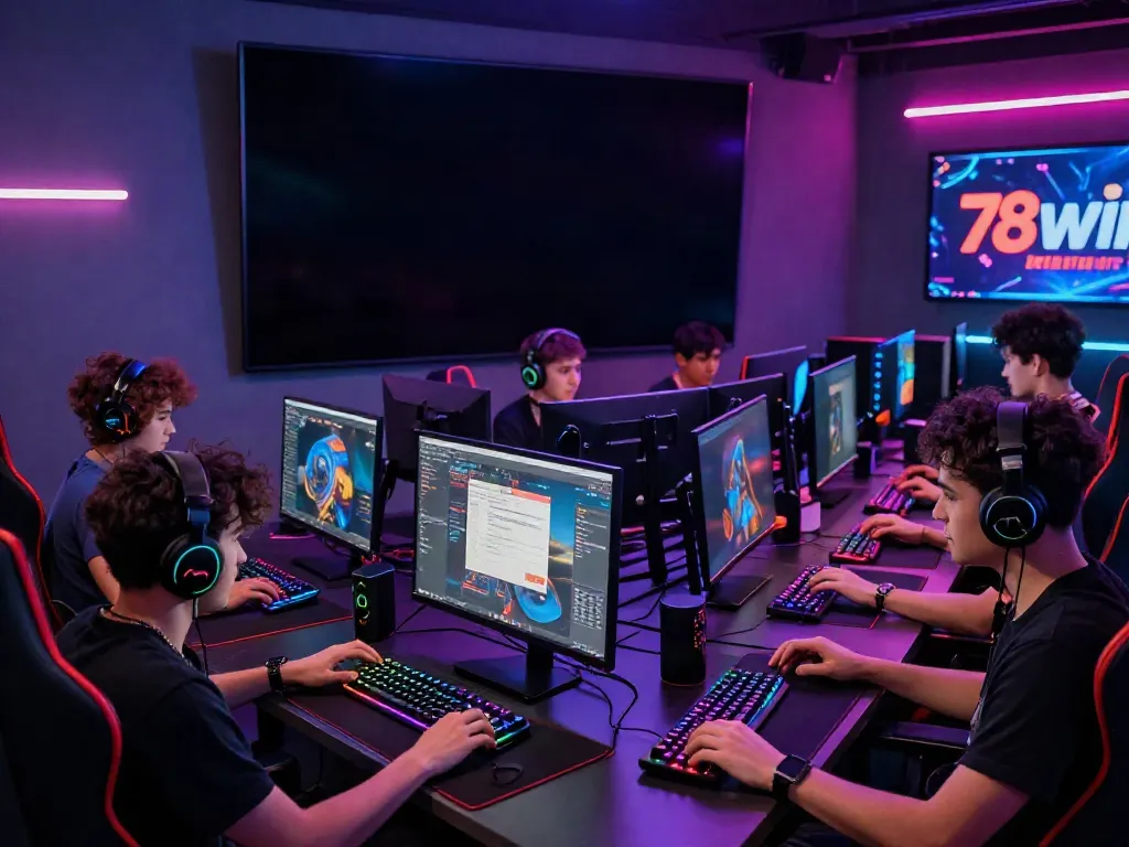 Gamers enjoying khuyến mãi 78win at a vibrant gaming venue with neon lights.