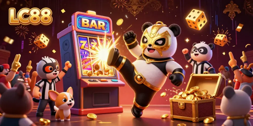 Engage in thrilling gaming adventures at LC88 with lively animal characters, majestic slot machines, and festive casino elements.