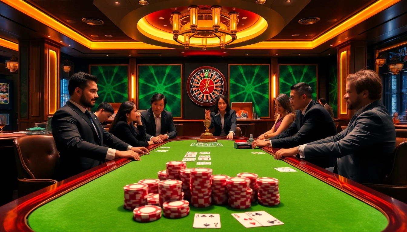 Engaging poker scene at 68VIP Casino with vibrant chips and dealers.
