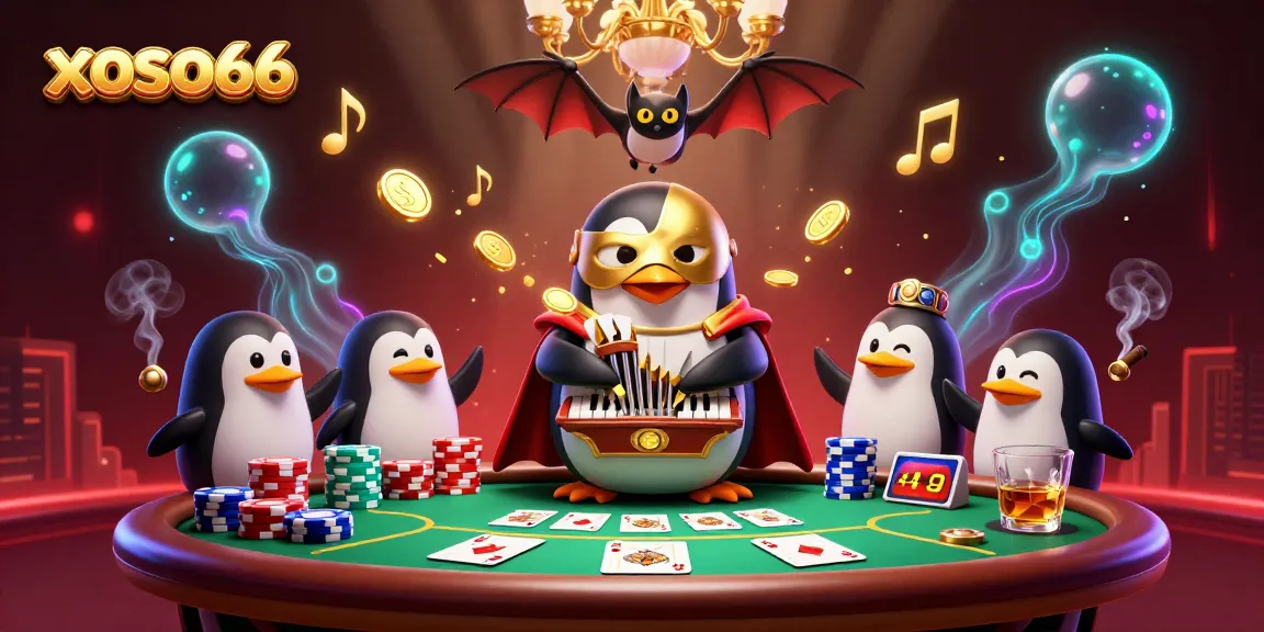 Xoso66 showcases a 3D cartoon phantom penguin playing organ, winning big with golden coins and poker elements.