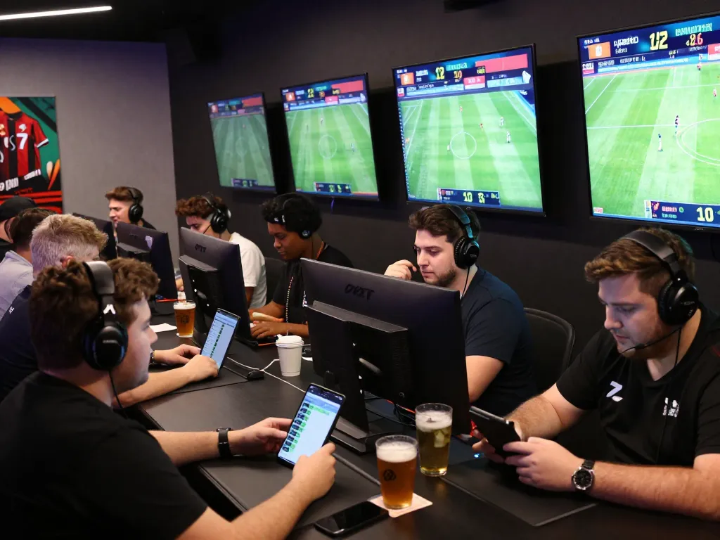 Engaging scene of sports betting activity showcasing kèo nhà cái on mobile devices in a lively environment.