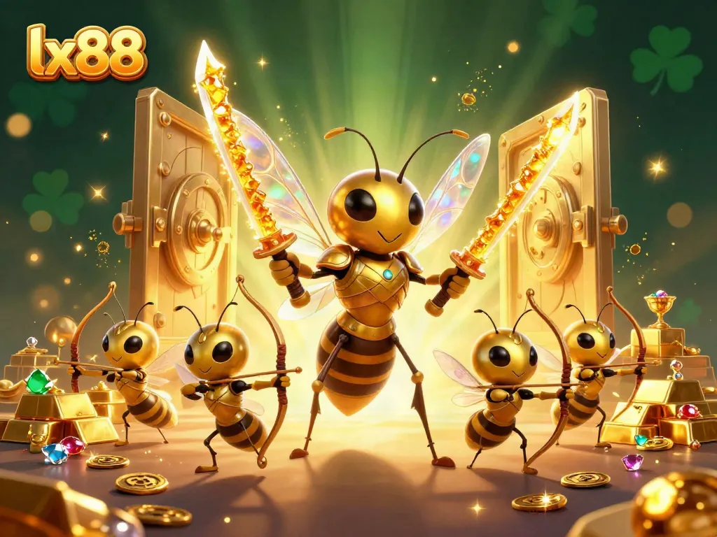 Experience the excitement of lx88 with a dynamic scene of a golden hornet samurai, treasure elements, and vibrant colors.