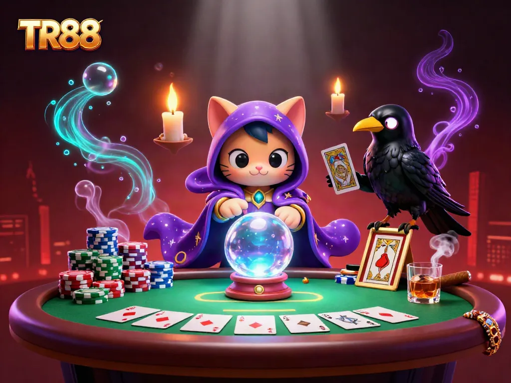 Engage with TR88 slots and poker in this mystically illustrated online casino scene.