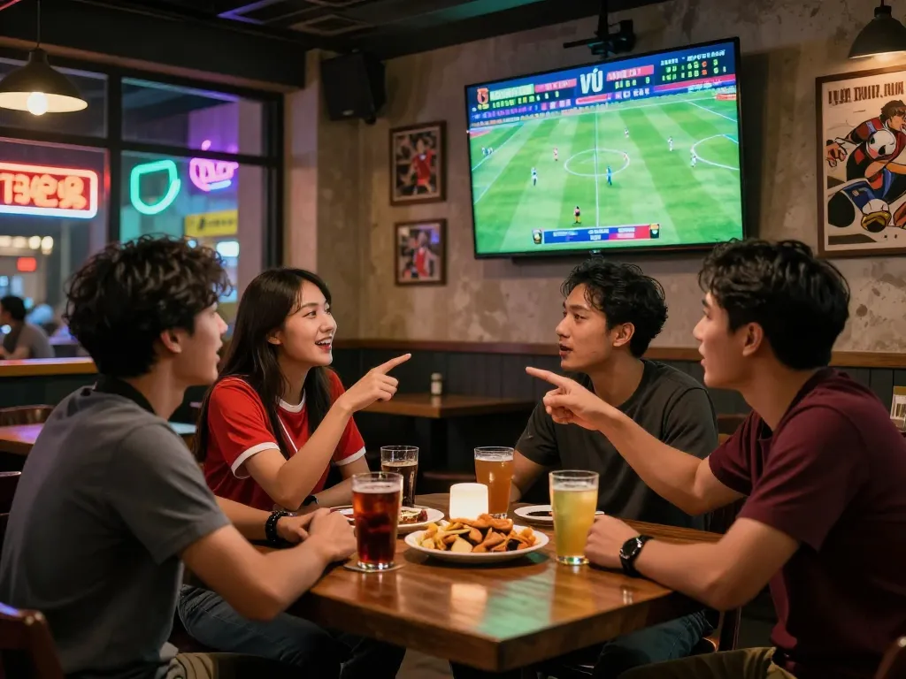 Excited fans analyzing tỷ lệ kèo bóng đá in a bustling sports bar during a live football match.