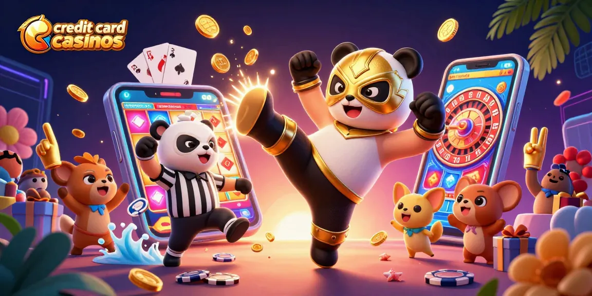 Experience the excitement of credit card casinos with a dynamic panda wrestler and vibrant gaming elements.