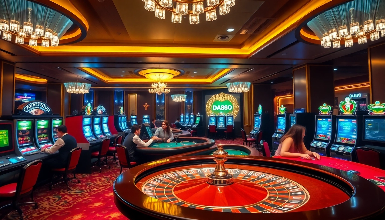 Gamblers enjoying vibrant casino action at https://da88.navy/ with roulette, poker, and slot machines.