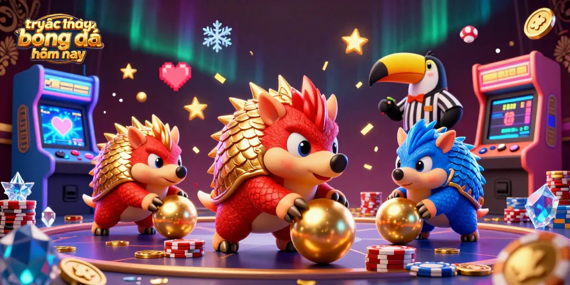 Experience 'trực tiếp bóng đá hôm nay' in a vibrant casino-themed 3D scene where rival pangolins battle with golden balls.