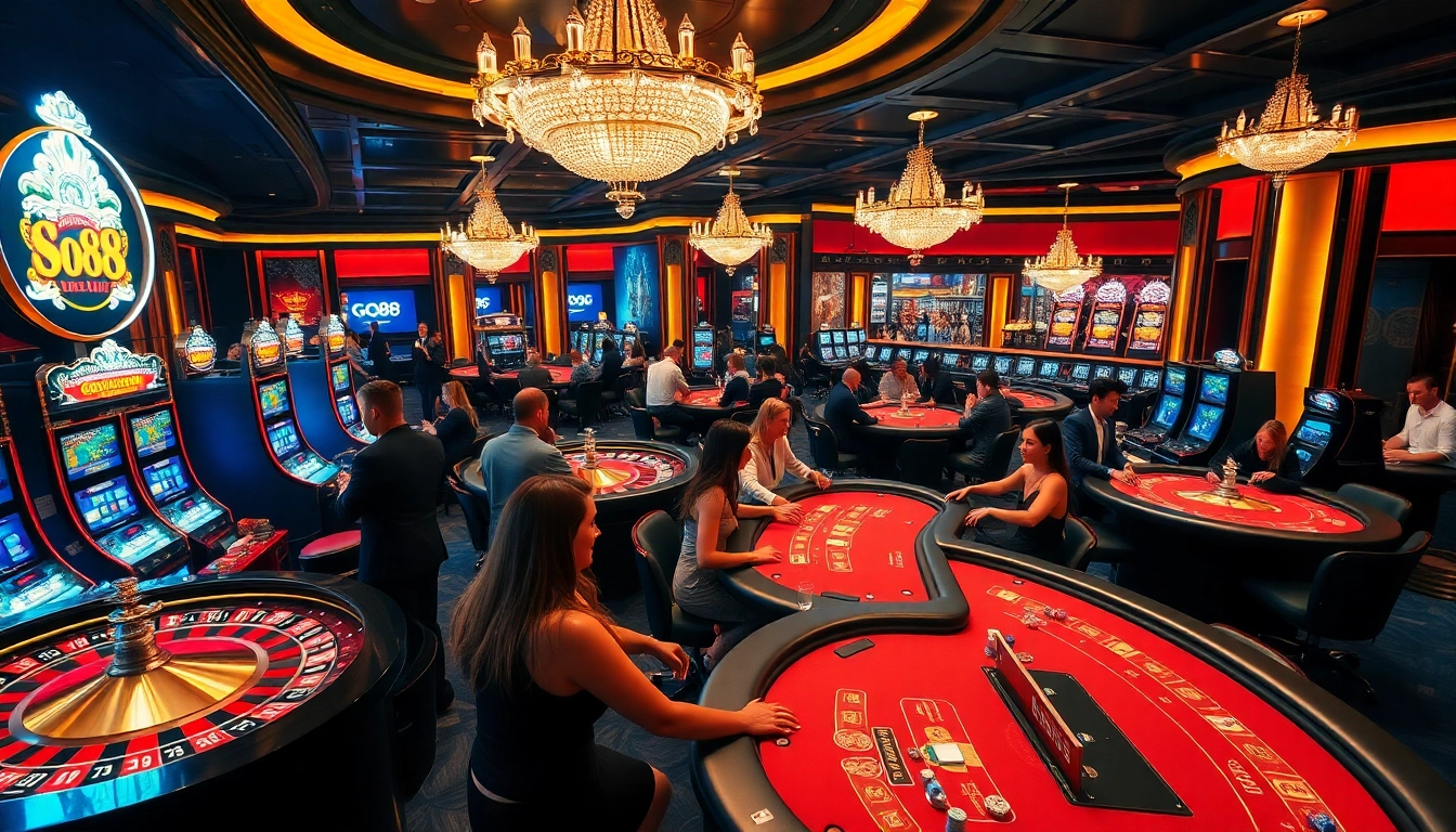 Exciting GO88 casino scene with vibrant games, players at roulette tables and slot machines.