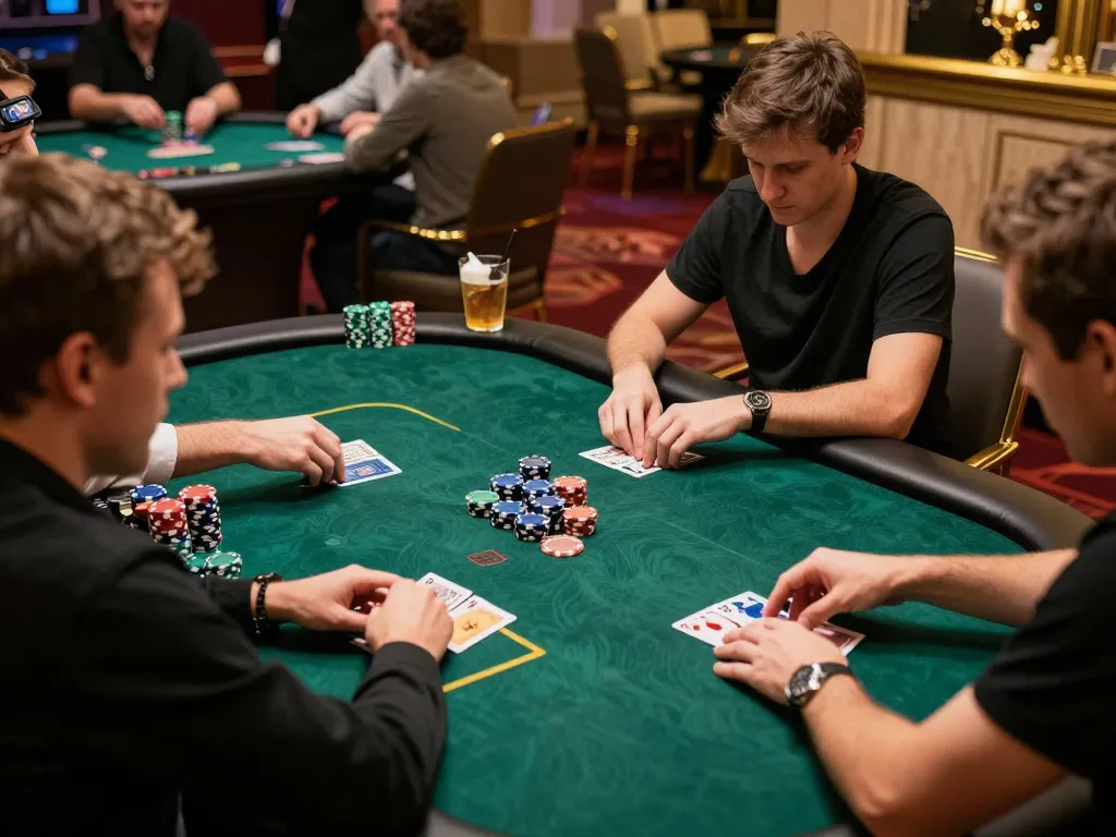 Players engage in an intense poker game at a casino, showcasing 7mcn gaming strategies in action.