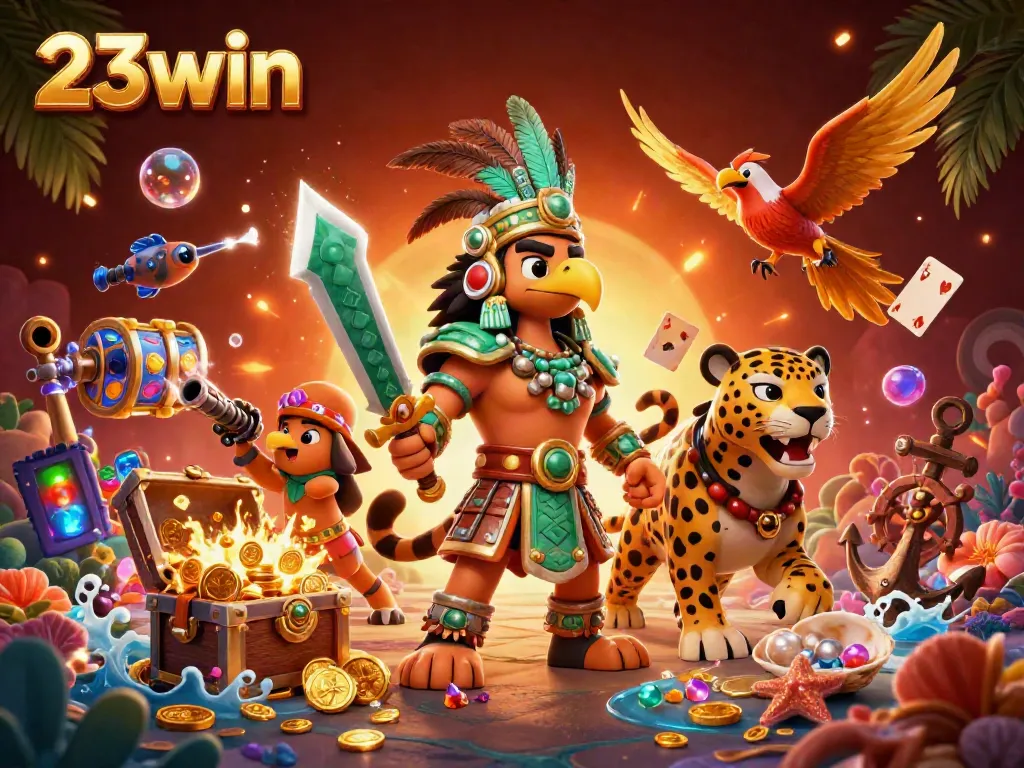 Experience the vibrant energy of 23win with Aztec warriors and underwater treasures in this exciting casino scene.