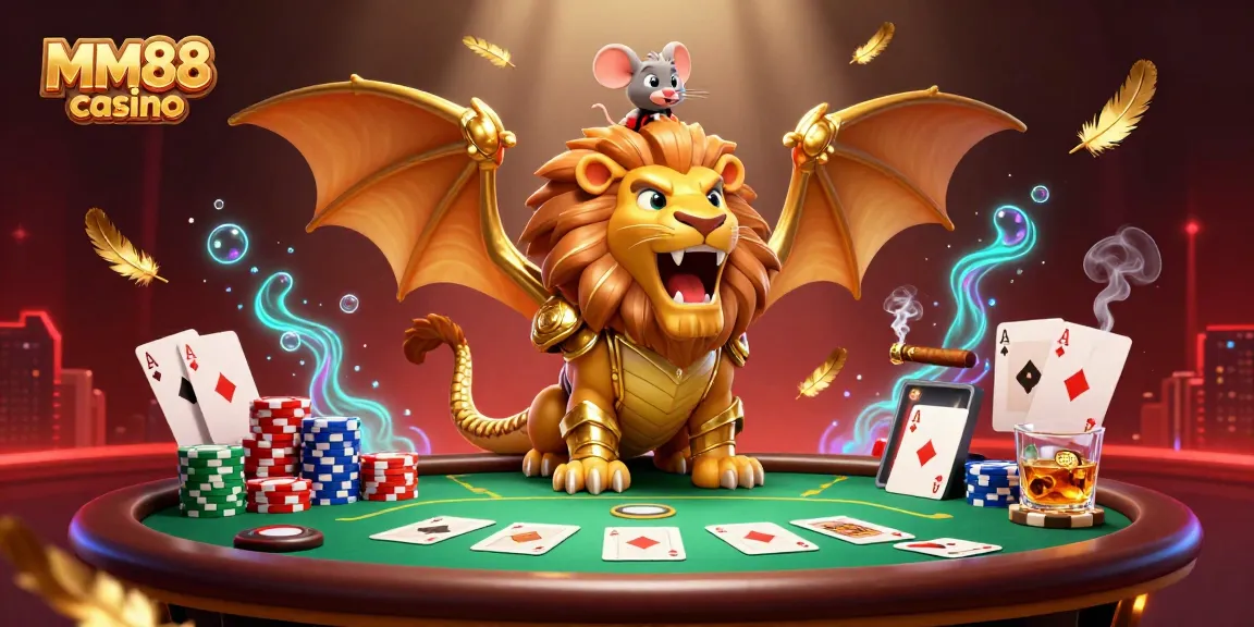 Experience the thrill of mm88 casino with a roaring chimera and high-stakes poker action in a vibrant scene.
