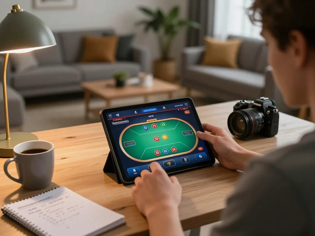Engaged player using https://www.atqvn.com/ tablet for online poker in a cozy home setting, showcasing responsible gaming.
