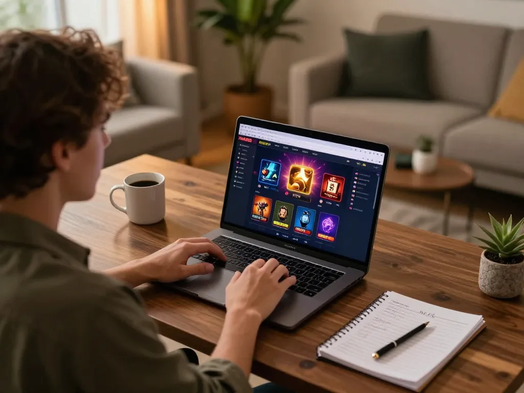 Engaging in online casino gameplay at MAX88 with a laptop and strategy notes in a cozy home setting.