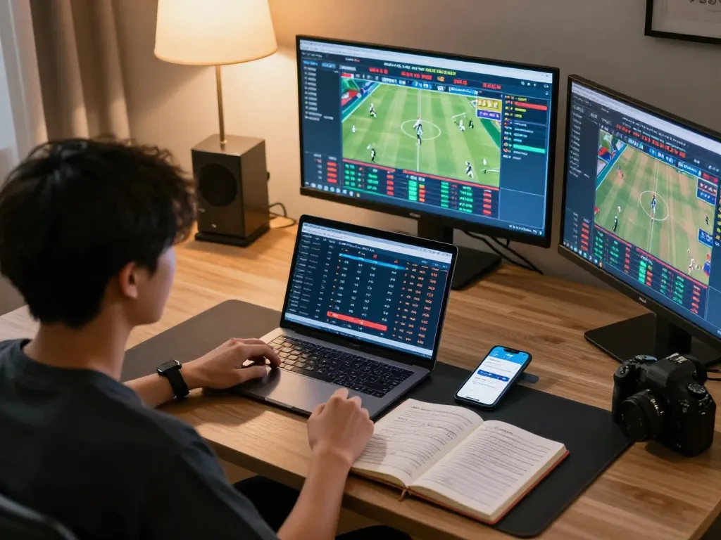Engaged player using keobongda for online sports betting strategy at a stylish home desk.