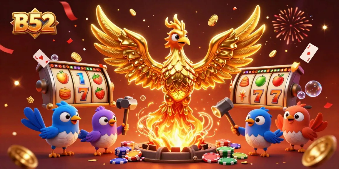 B52 slots come alive with a golden phoenix and vibrant gaming elements, celebrating victory!