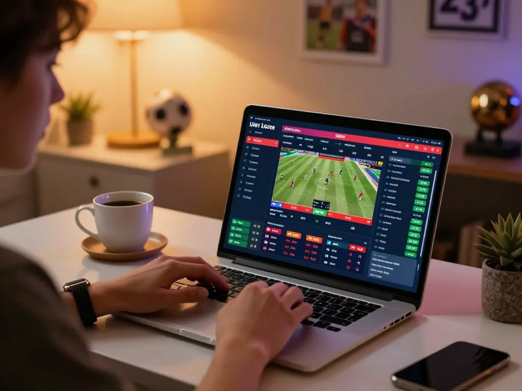 Exciting online sports betting scene featuring keonhacai5 interface on a laptop with live odds, person engaged in wagering