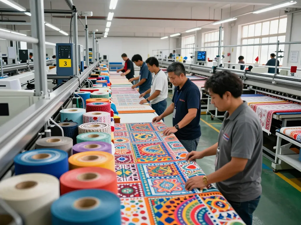 Sunwin textile manufacturing process with skilled workers inspecting colorful fabrics and innovative machinery.