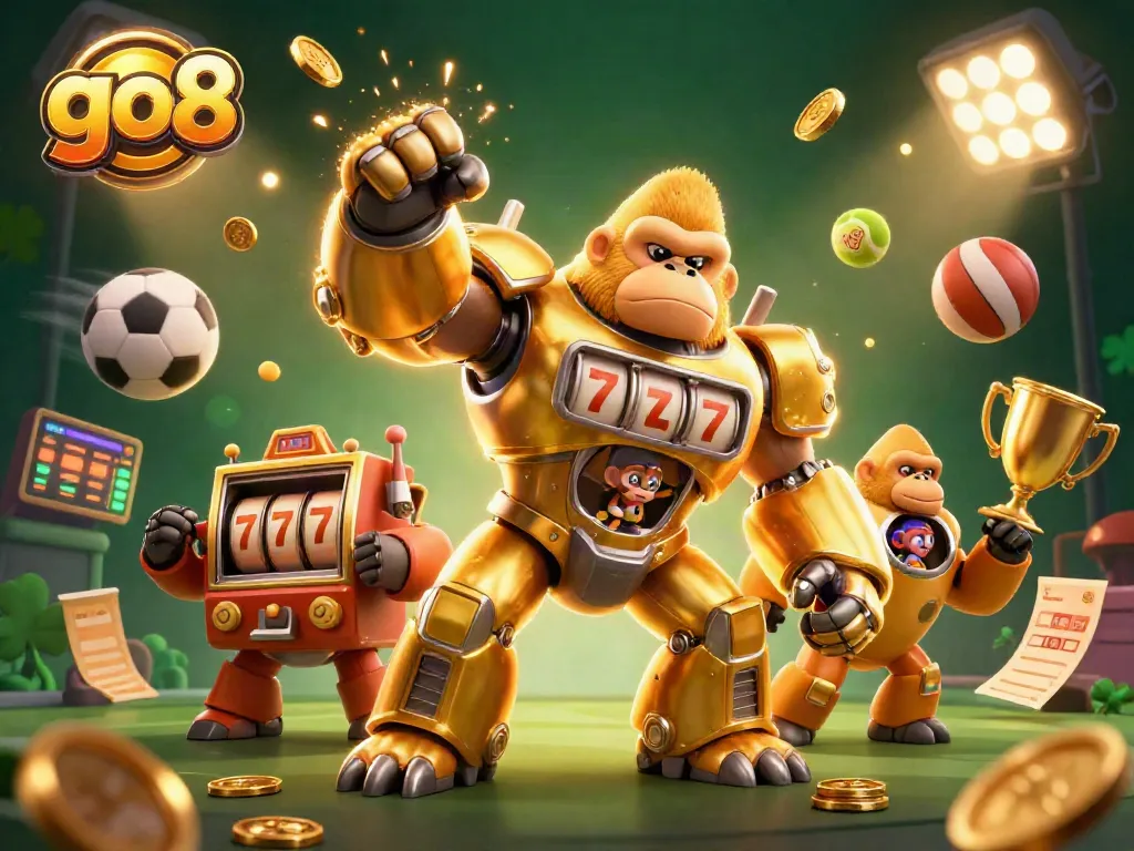 Engage with go8 online casino as a golden gorilla mech explodes coins amidst a vibrant gambling scene.
