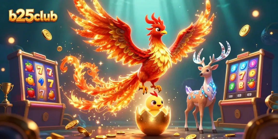 Experience thrilling wins at b25club with vibrant slot machines, a majestic phoenix, and mystical elements.