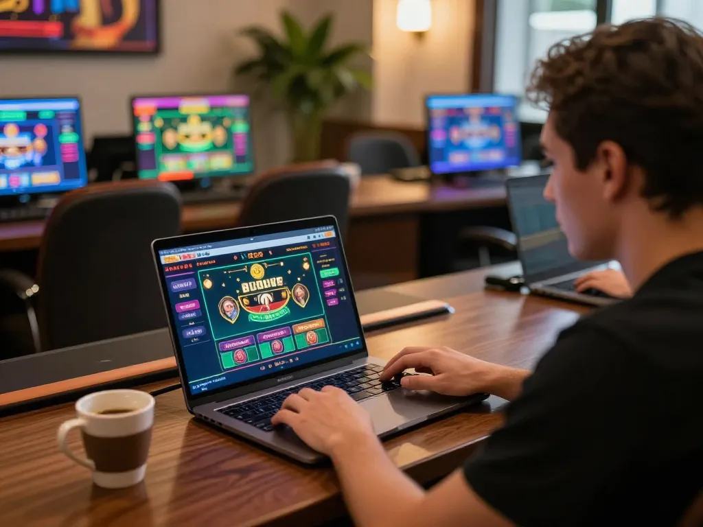 KUBET player strategizing on laptop for online casino gaming at home, warm ambiance and focused atmosphere