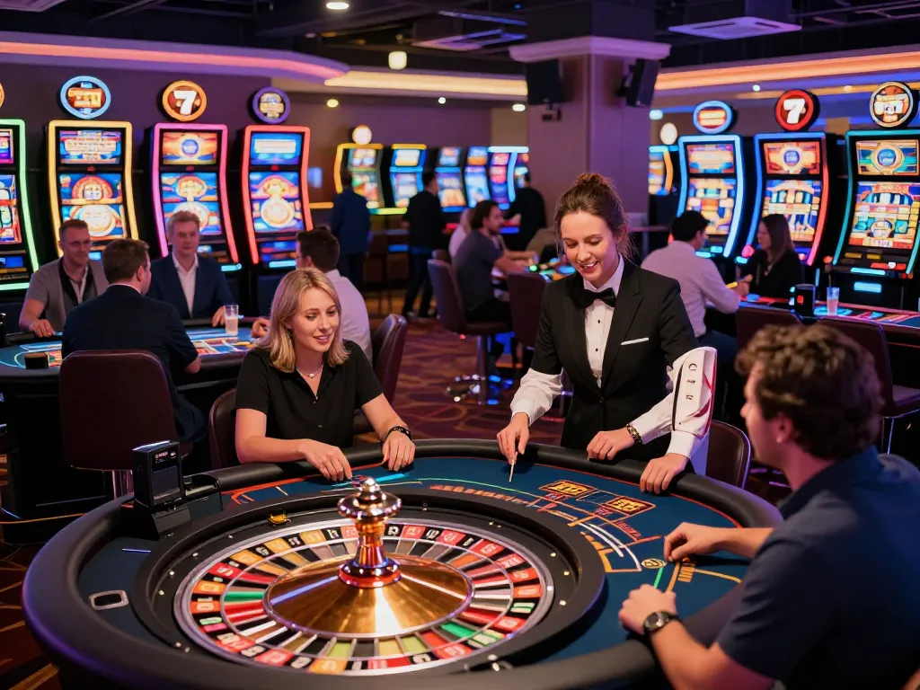A lively casino scene at 789club with players at roulette and slot machines, vibrant atmosphere.