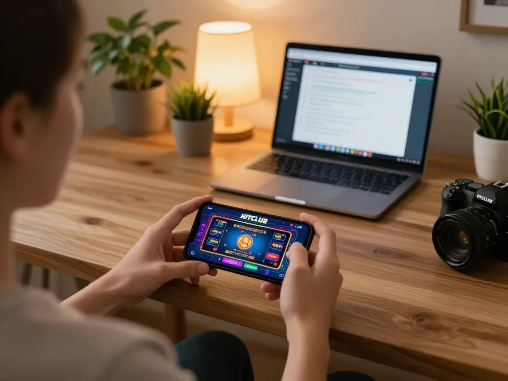 Engaging with HITCLUB mobile gaming app for strategic online gambling in a cozy home setting.