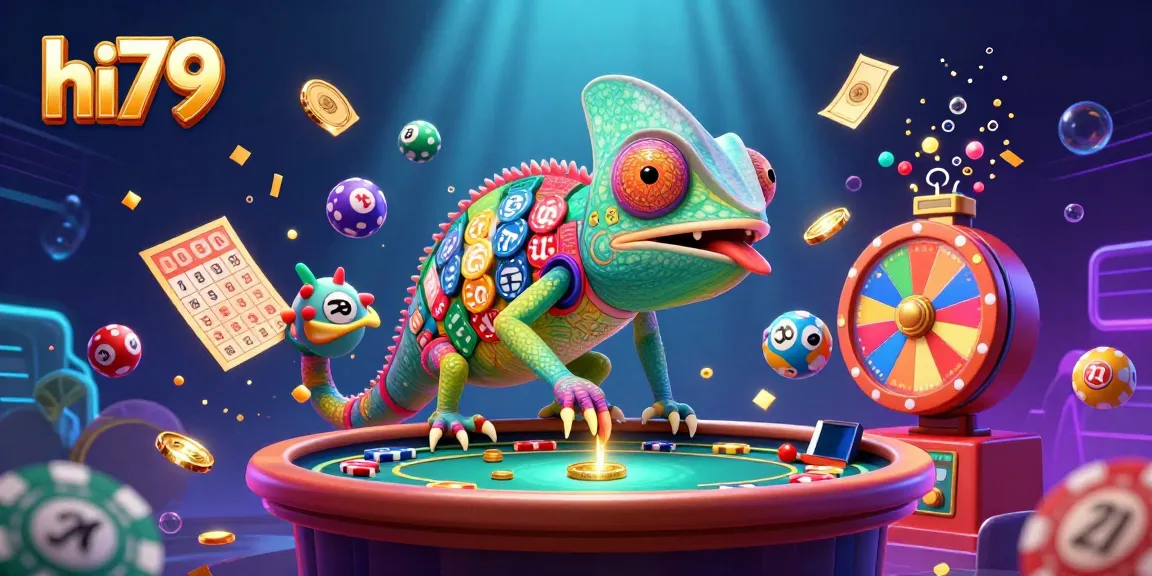 Experience excitement at hi79 with a vibrant chameleon casino owner amid dynamic lottery elements.