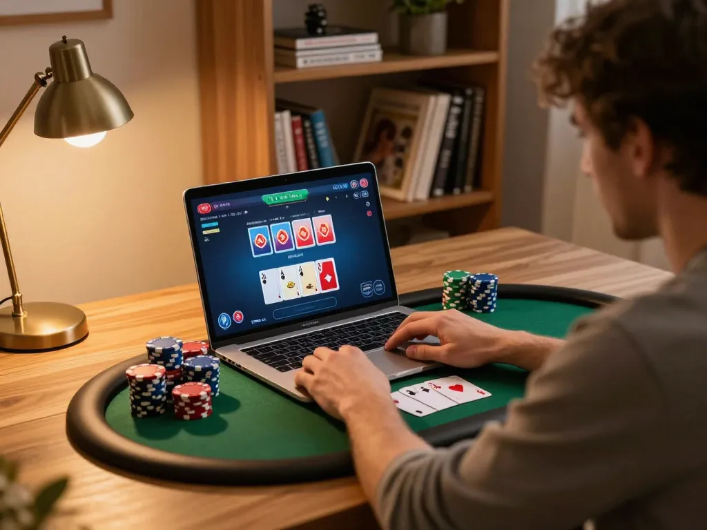 Engaged player strategizing in an online poker game with Say88 interface visible, showcasing a comfortable home gaming setup