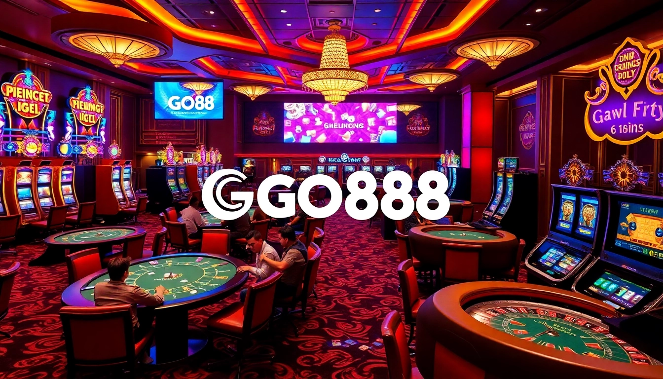 Players enjoy a thrilling game experience at GO88 casino, with vibrant gaming tables and slot machines.